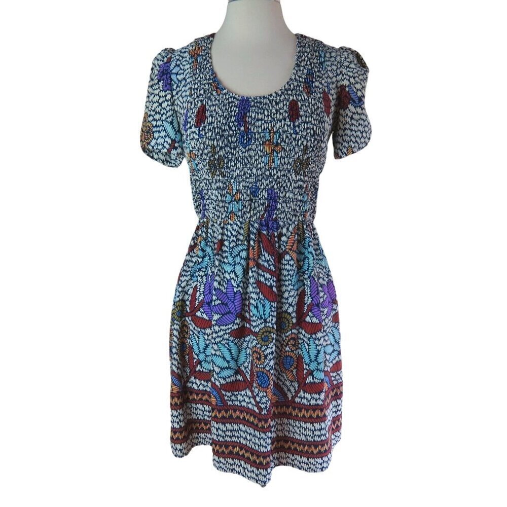 VINTAGE 1970s Printed Mini Dress Smocked Bodice Puff Sleeves XXS XS